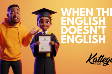 Katlego Thulare with a cousin in a graduation gown, illustrating a humorous South African story about language, English acronyms, and family misunderstandings.